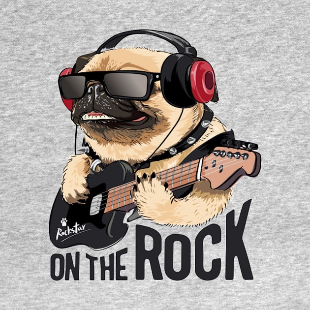 Pug dog on headphone playing guitar by amramna